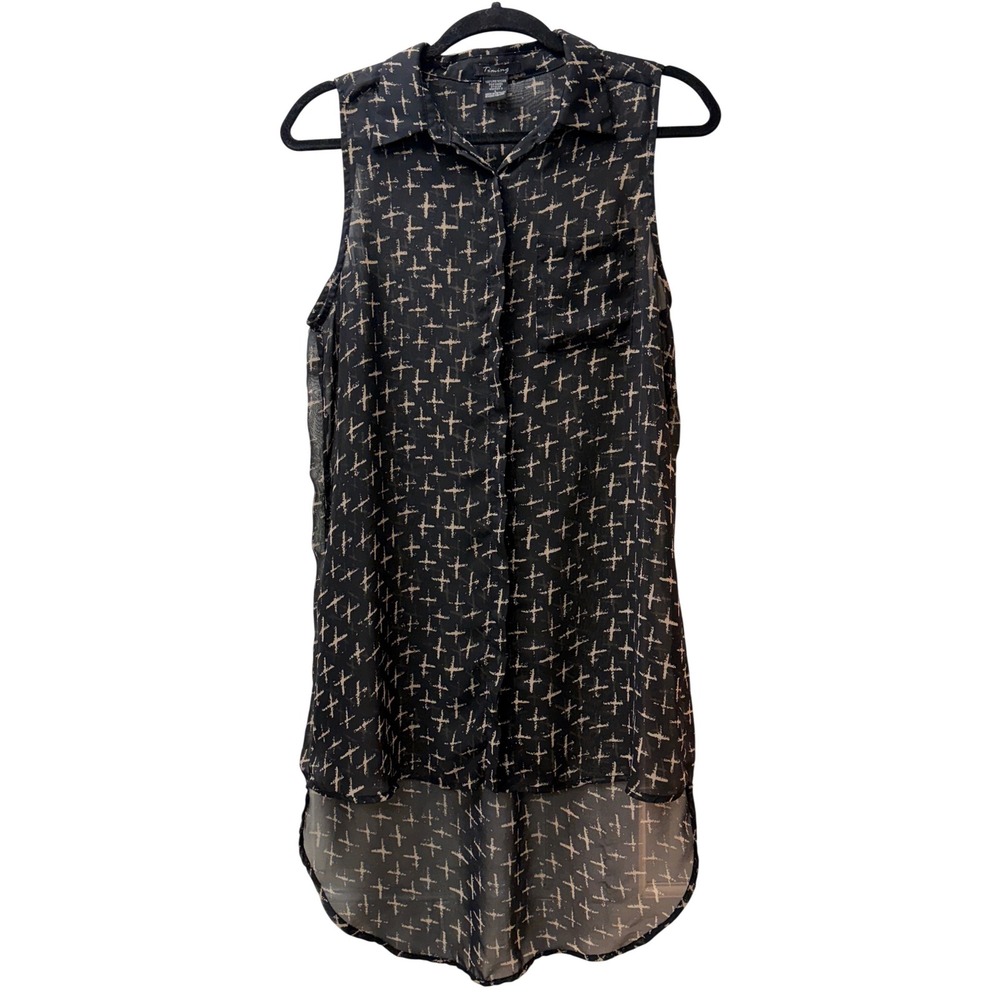 Timing Women's Sleeveless Hi Low Sheer Blouse Black Cross Print L